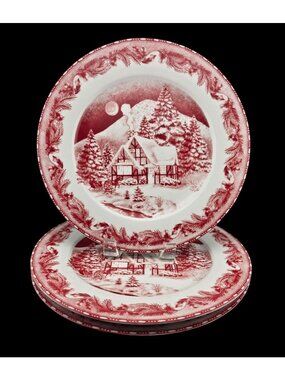 Set/4 Vintage Gibson Elite Winter Cottage Village Dinner Plate Oven Safe 10.5"